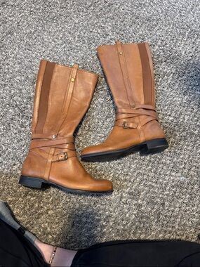 Naturalizer Cognac Brown Mid-Calf Riding Boots with Wrap Strap